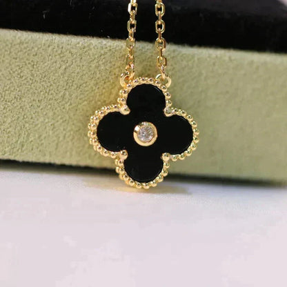[AuraEcho]CLOVER 15MM DIAMOND ONYX NECKLACE