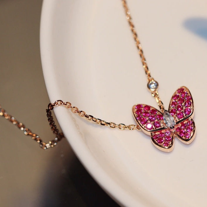 [AuraEcho]BUTTERFLY RED DIAMOND ROSE GOLD NECKLACE