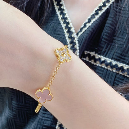 [AuraEcho]CLOVER 5 MOTIF DIAMOND PINK MOP PINK GOLD BRACELET
