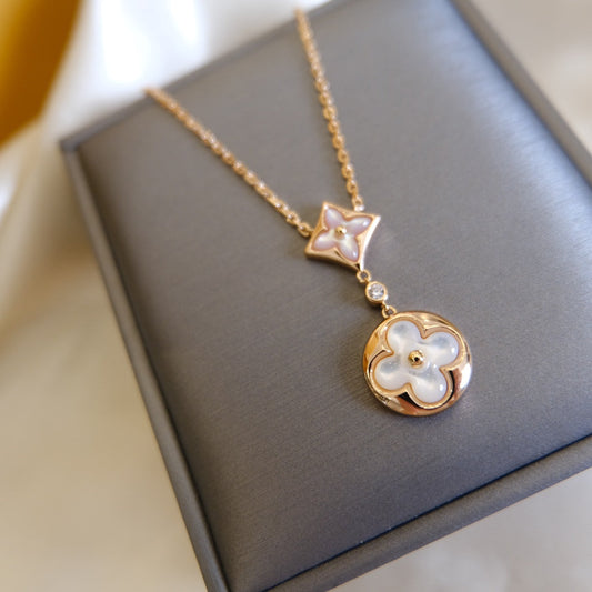 [AuraEcho]STAR AND SUN WHITE MOP 2 MOTIF PINK GOLD NECKLACE