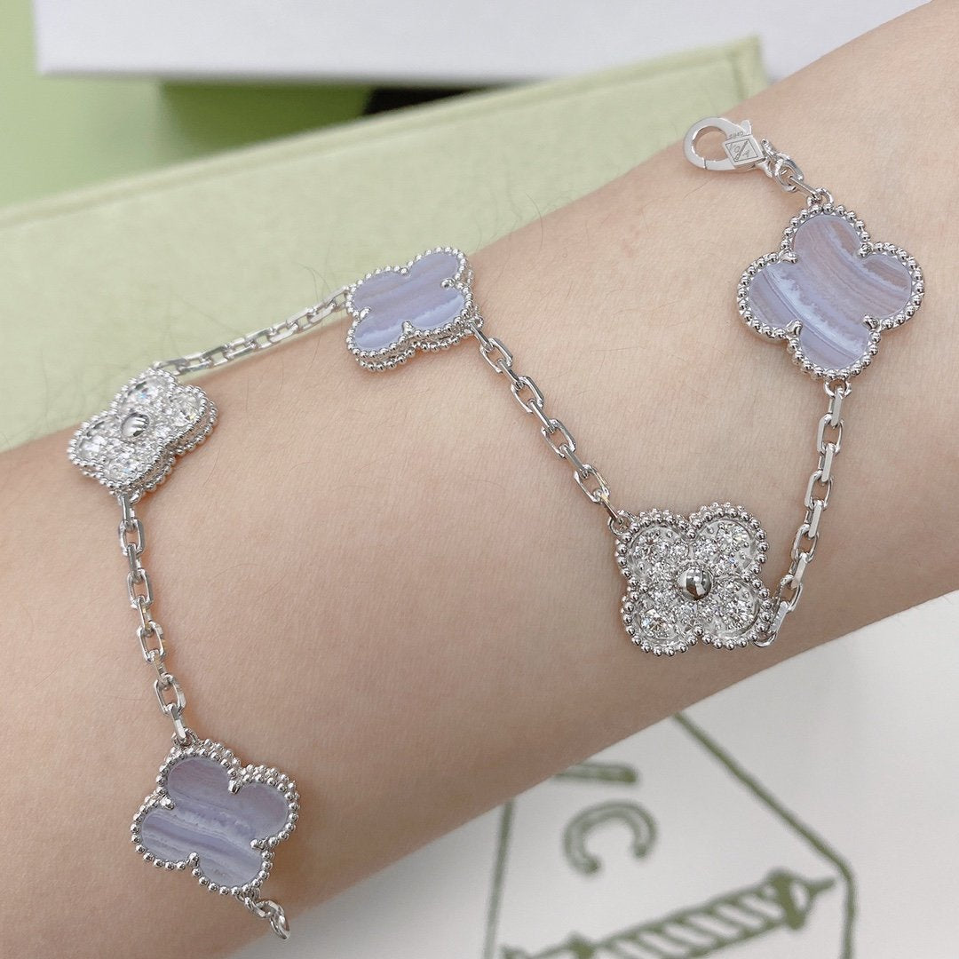 [AuraEcho]CLOVER  5 MOTIF DIAMOND PURPLE CHALCEDONY BRACELET SILVER